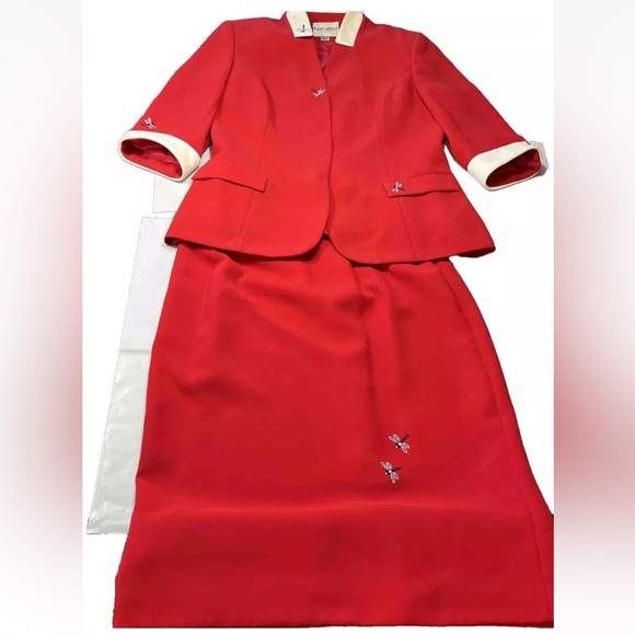 John Meyer of Norwich RED Dragonfly Blazer Skirt SET Business Suit Women’s Sz 12 - Picture 2 of 16